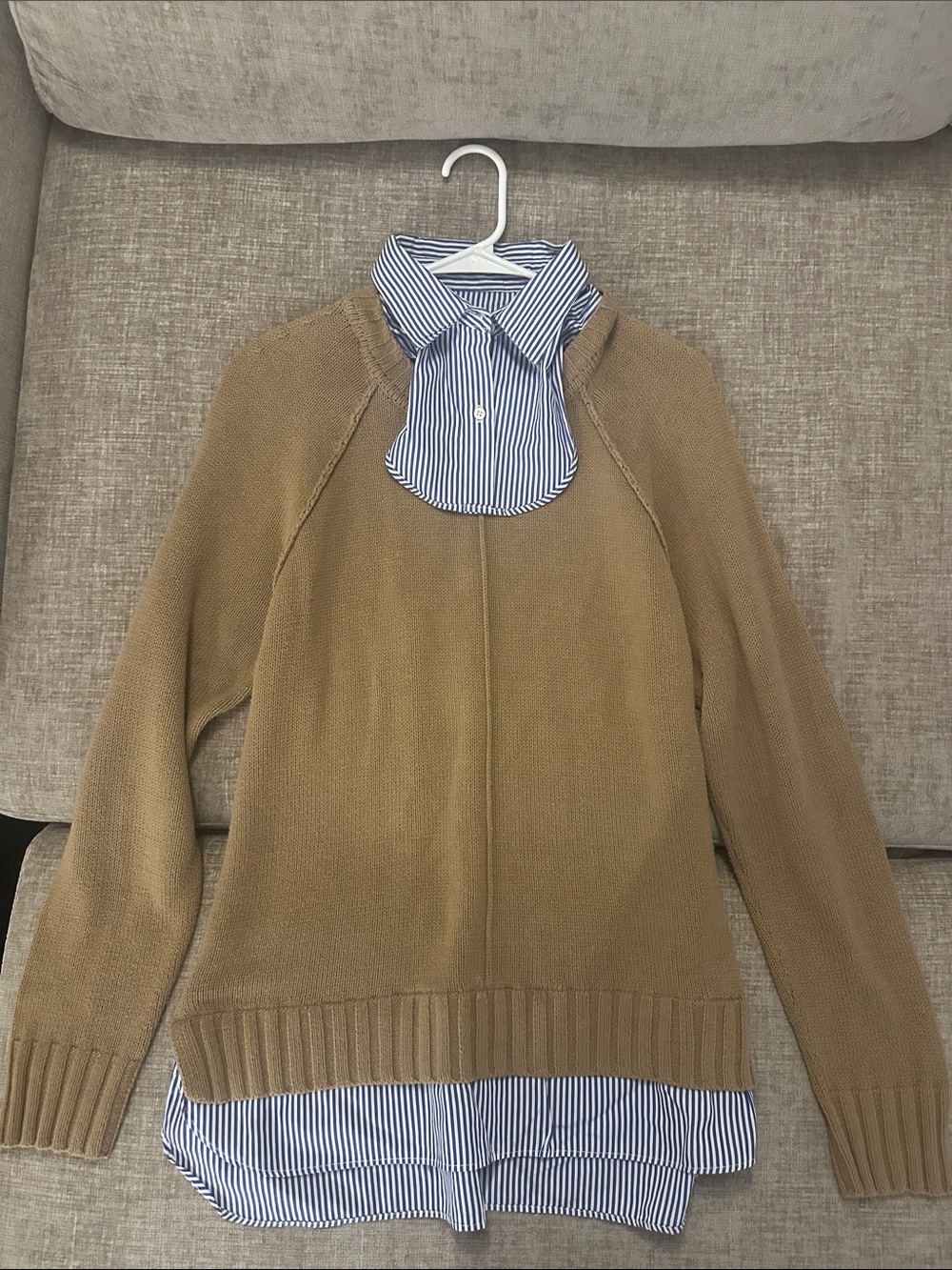 Ralph Lauren Camel Knit Pullover with Blue-White Striped Shirt Trim
